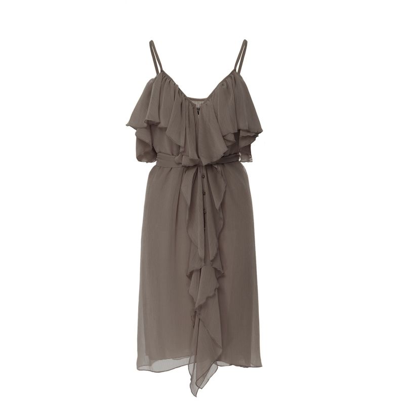 Dark Grey Calf Length Spaghetti Strap Dress With Ruffles & Front Buttons image