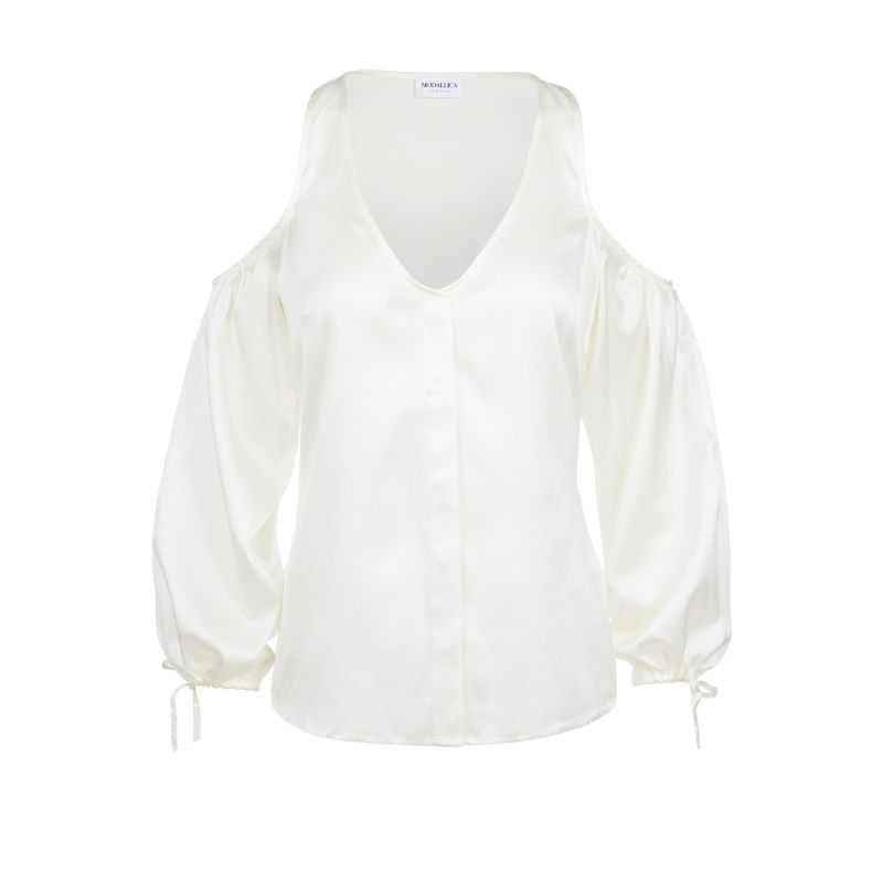 Lu White 100% Organic Peace Silk Blouse With Cold Shoulder image