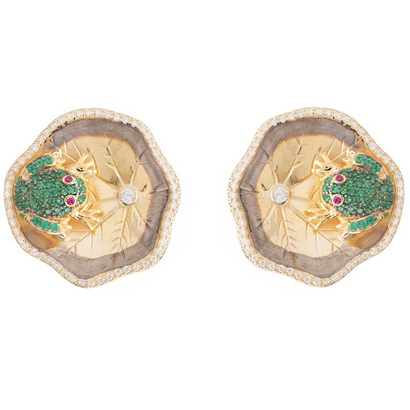 Frog Lily Pad Stud Earrings Gold image