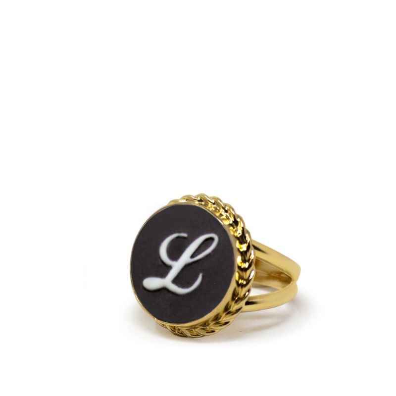 Gold Vermeil Black Cameo Ring Initial L image