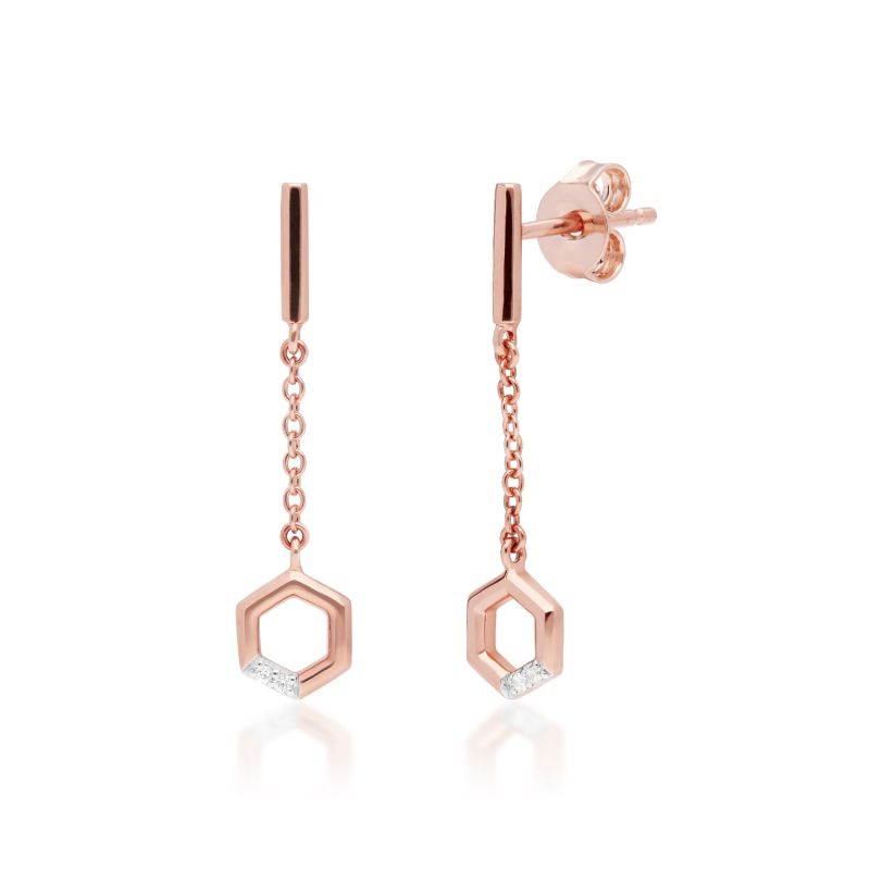 Diamond Pavé Hexagon Dangle Drop Chain Earrings In 9Ct Rose Gold image