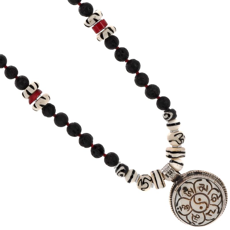 Yin Yang Balance Symbol Pendant Black Beaded Necklace - Silver image