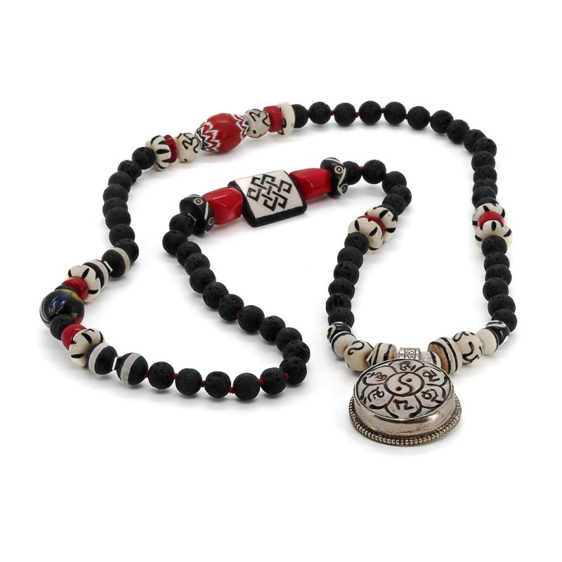 Yin Yang Balance Symbol Pendant Black Beaded Necklace - Silver image