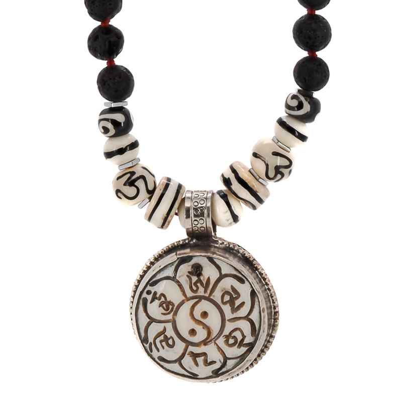 Yin Yang Balance Symbol Pendant Black Beaded Necklace - Silver image