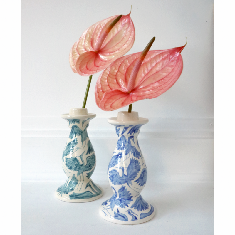 Herons Hand Painted Ceramic Candlestick  - Blue, Green image