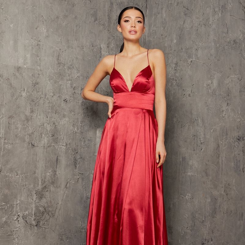 Olivia Satin Evening Gown In Red image