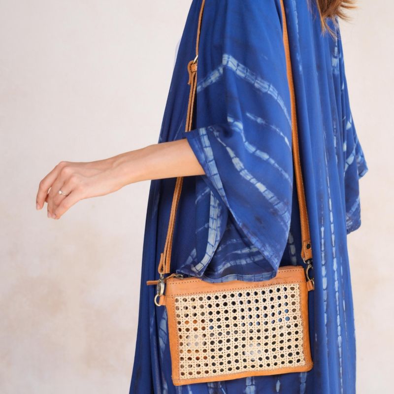 Gia Rattan And Leather Crossbody - Camel image