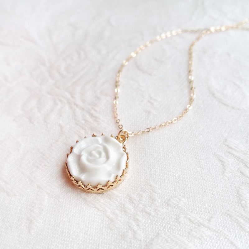 Porcelain Moonlight Rose Charm Gold Filled Necklace image