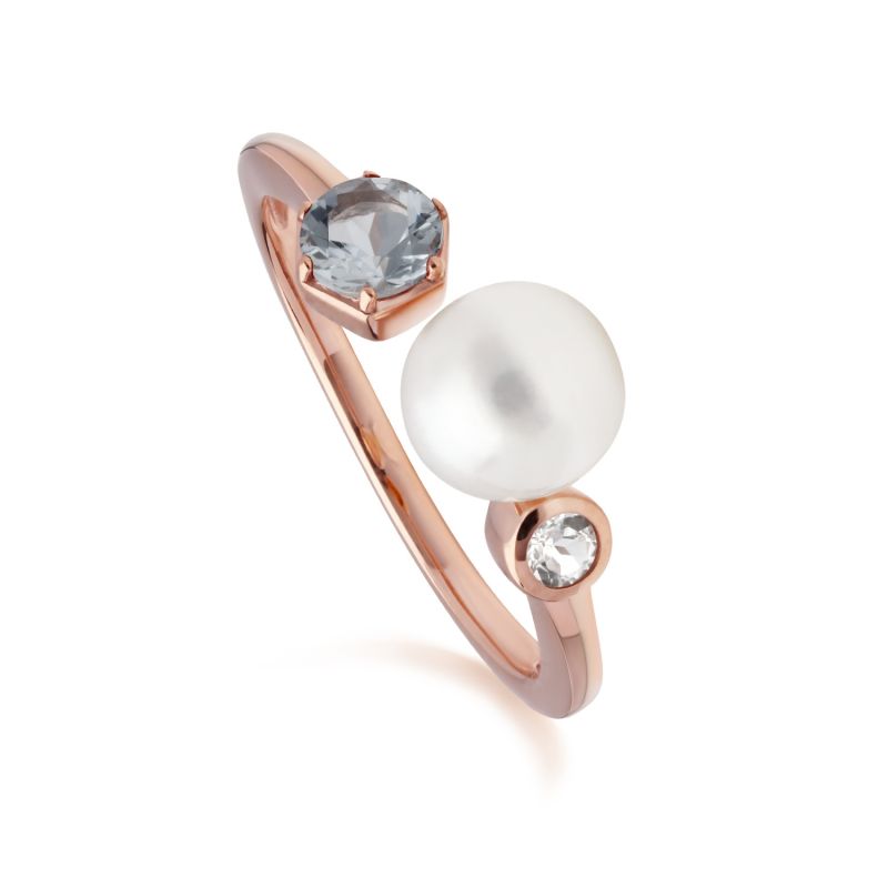 Pearl Aquamarine & Topaz Open Ring In Rose Gold Plated Sterling Silver image