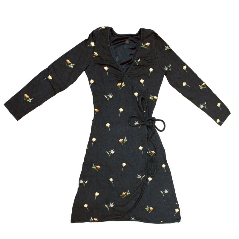 Floral Embroidered Wrap Dress In Black image