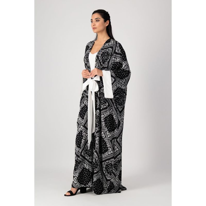 Classic Abaya Cut With Belt In Printed Black Paisley Rayon image