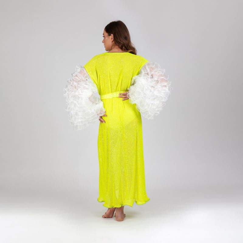 Song - Lime Green Sequin Robe With White Chiffon Frilly Sleeves image