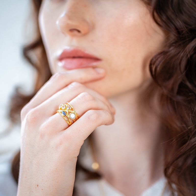 Gold Cocktail Ring Aqua Marine And Rose Quartz Gemstones Liana image