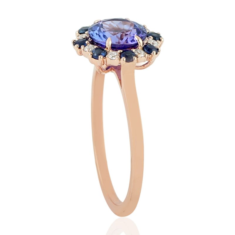 18K Rose Gold Pave Diamond With Tanzanite & Sapphire Solitaire Cocktail Ring Jewelry image