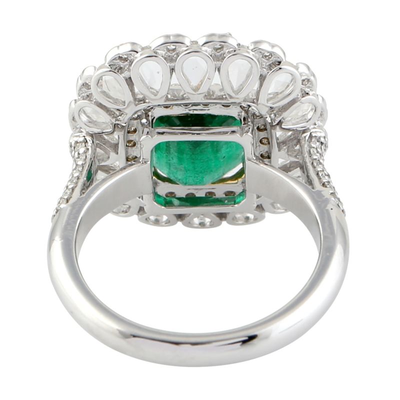 18K White Gold Natural Emerald Pave Diamond Cocktail Ring Gift Jewelry image