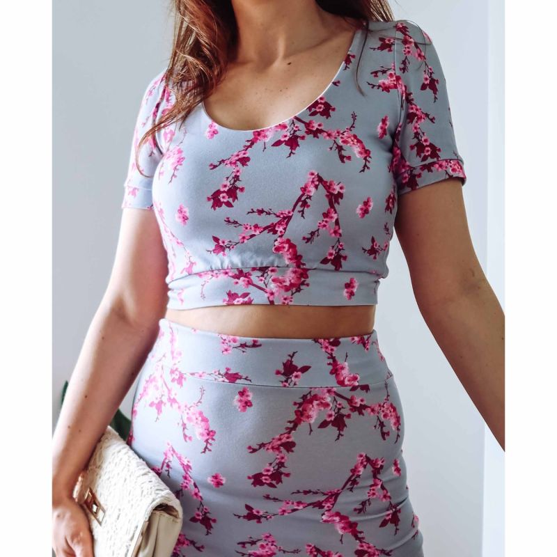 Grey & Pink Floral Cotton Crop Top image