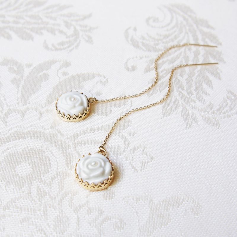 Porcelain Rose With Pearl Gold Filled Chain Earrings image