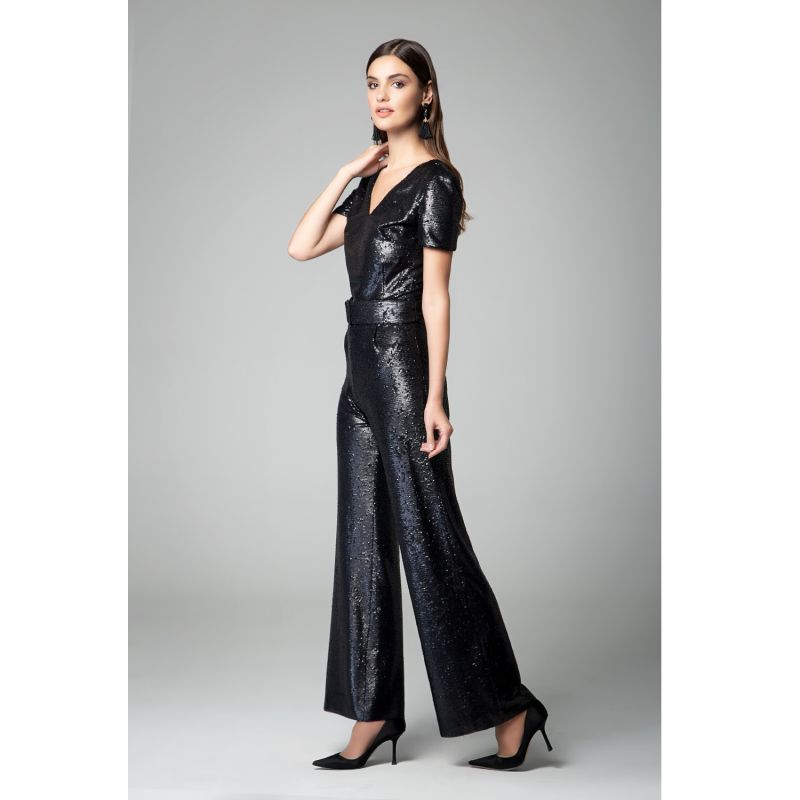 Naomi Black Sequin Jumpsuit With V-Shaped Back And Belt image