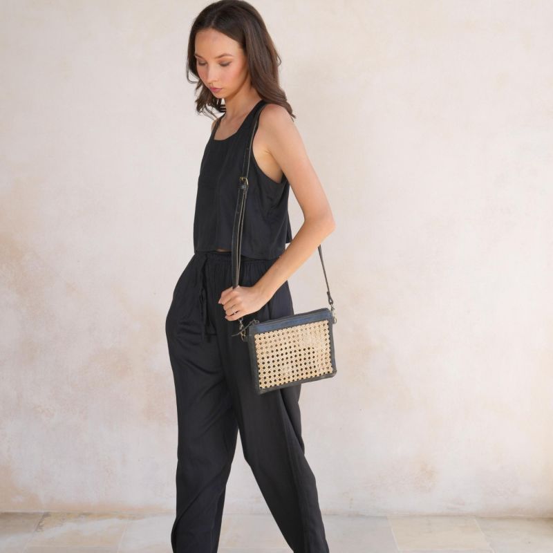 Gia Rattan And Leather Crossbody - Black image