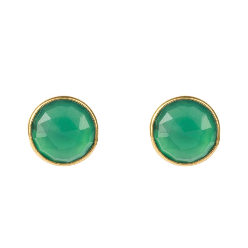 Medium Circle Stud Earrings Green Onyx Gold image