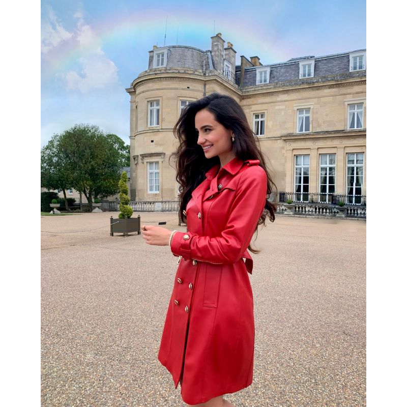 'Belle Du Jour' 100% Leather Trench Coat In Rosso image