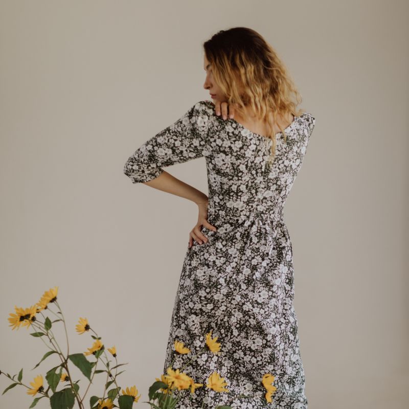 Anais Bateau Neck Dress With Corset Seam Details In Forest Green & Milky White Floral Cotton image