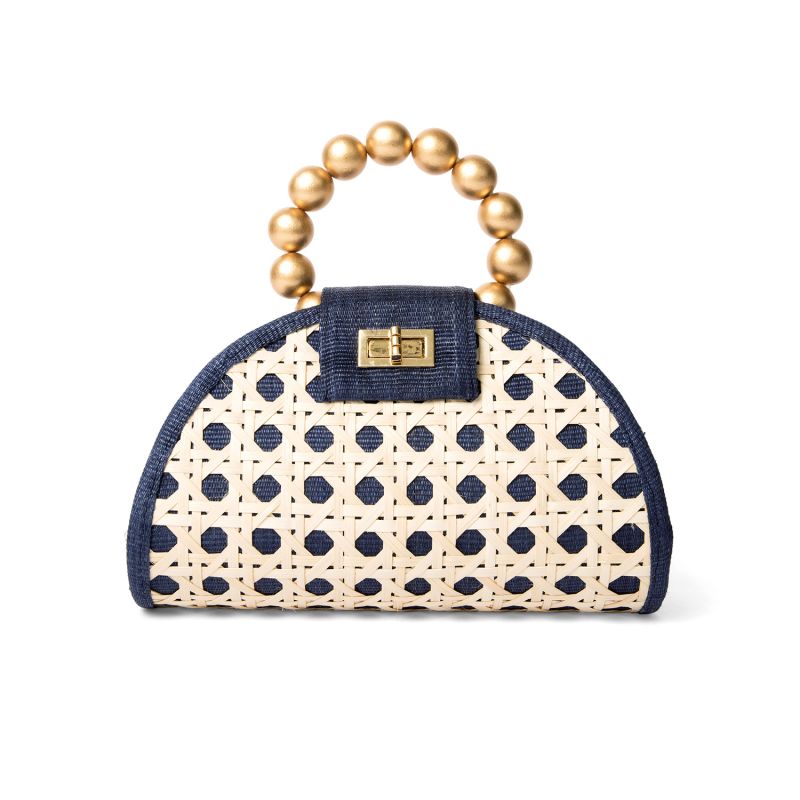 The Bella Navy Blue & Gold Rattan Woven Handbag image
