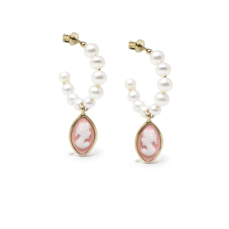 April Gold-Plated Pearl And Pink Cameo Hoop Earrings image