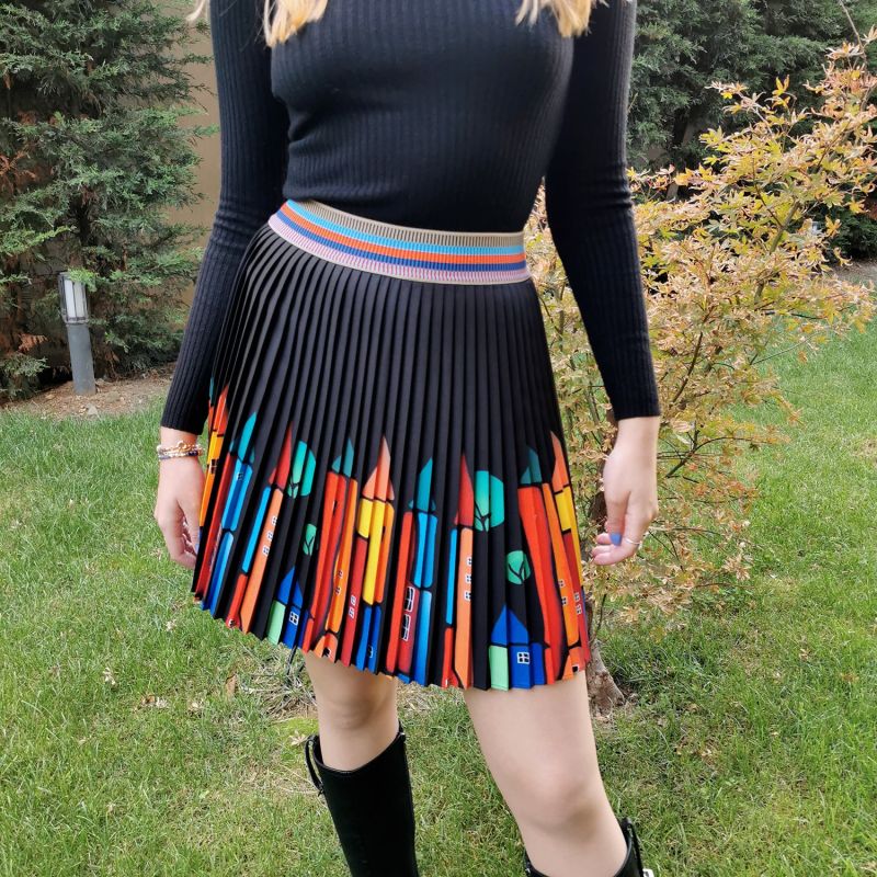 Black Mini Pleated Skirt With Colorful House Prints image