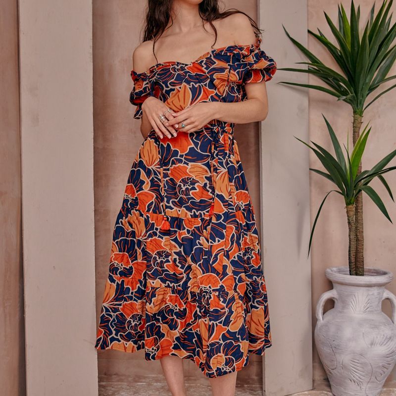 Zara Bardot Midi Dress In Tropical Print image