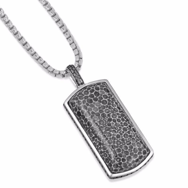 Fossil Agate Stone Tag In Black Rhodium Plated Sterling Silver image