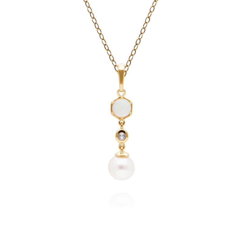 Modern Pearl, Opal & Topaz Drop Pendant In Gold Plated Silver image