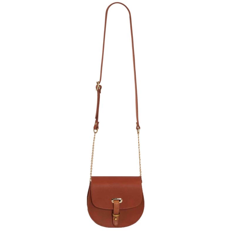 Mini Victoria Full Grain Tan Leather Crossbody Saddle Bag With Gold Chain image