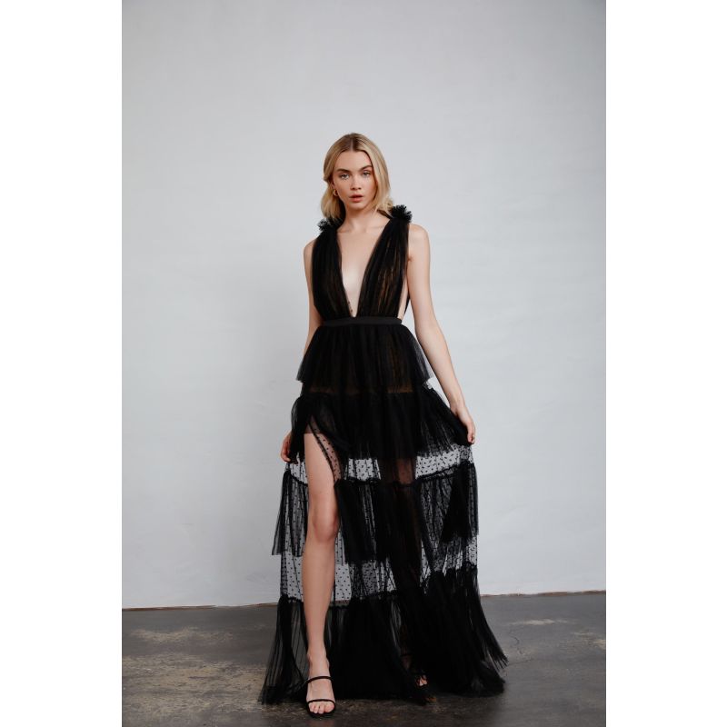 Zendaya | Black Asymmetric-Neck Fishtail Maxi Dress With Sash