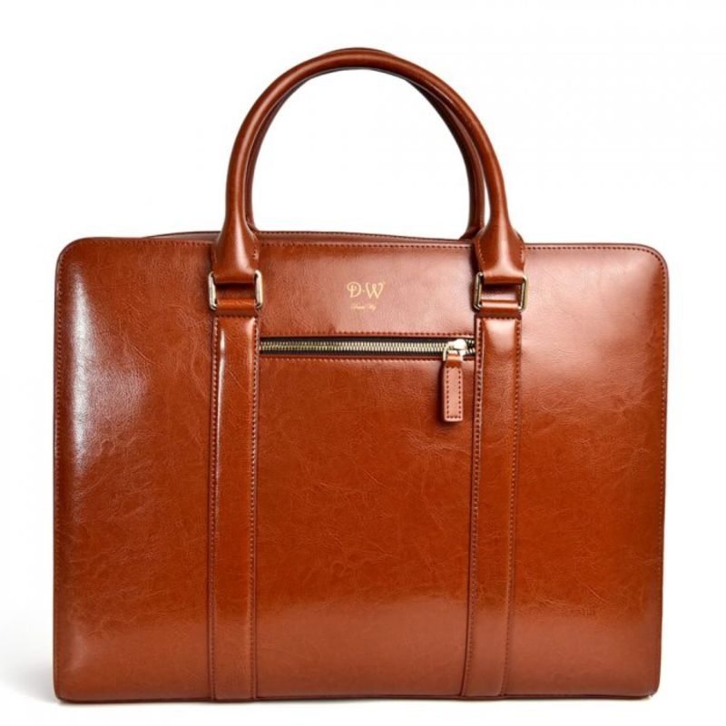 Smooth Leather Slim Briefcase Brown DAVID WEJ Wolf & Badger