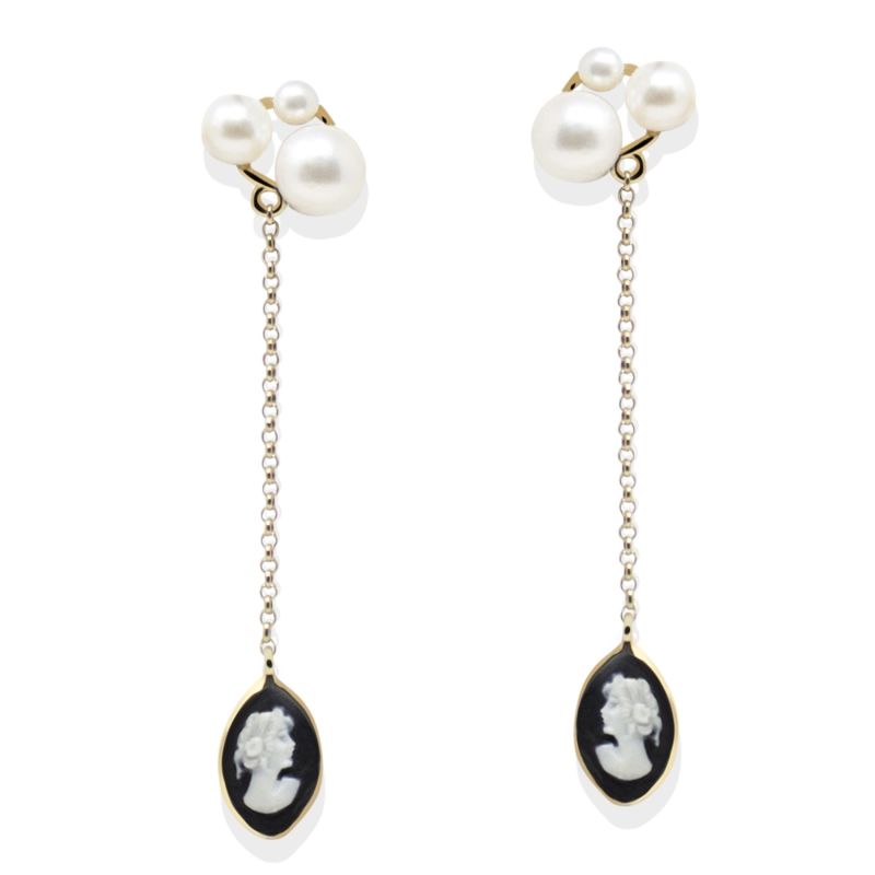 Lilith Gold-Plated Black Cameo And Pearl Drop Earrings image