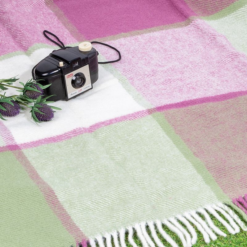 Pure New Wool Waterproof Picnic Blanket Pink Checks image