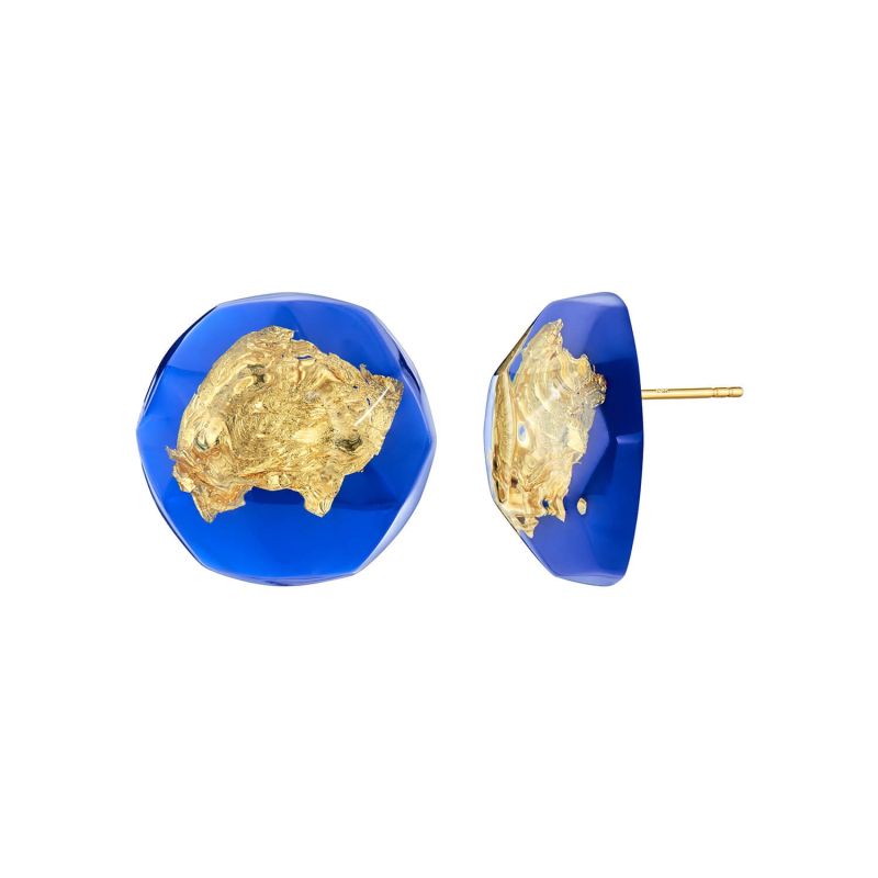 24K Gold Leaf Button Stud Earrings In Royal Blue image