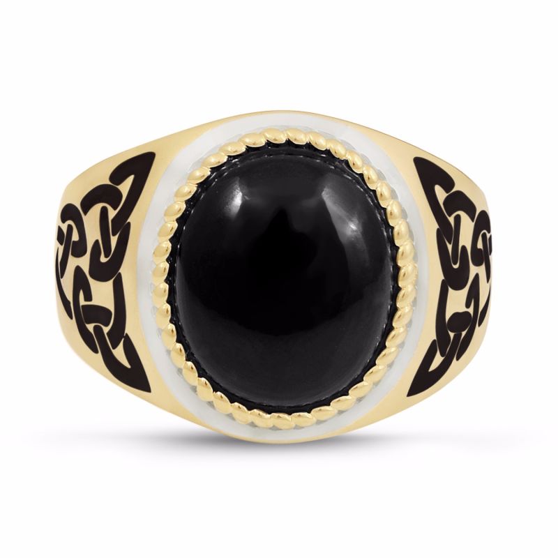 Black Onyx Stone Signet Ring In 14K Yellow Gold Plated Sterling Silver With Enamel image