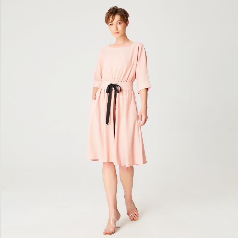 Wide-Belt Flared Dress - Salmon image