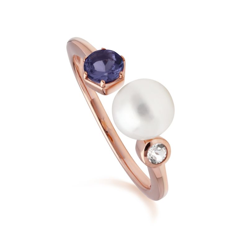 Pearl, Tanzanite & Topaz Open Ring In Rose Gold Plated Sterling Silver image