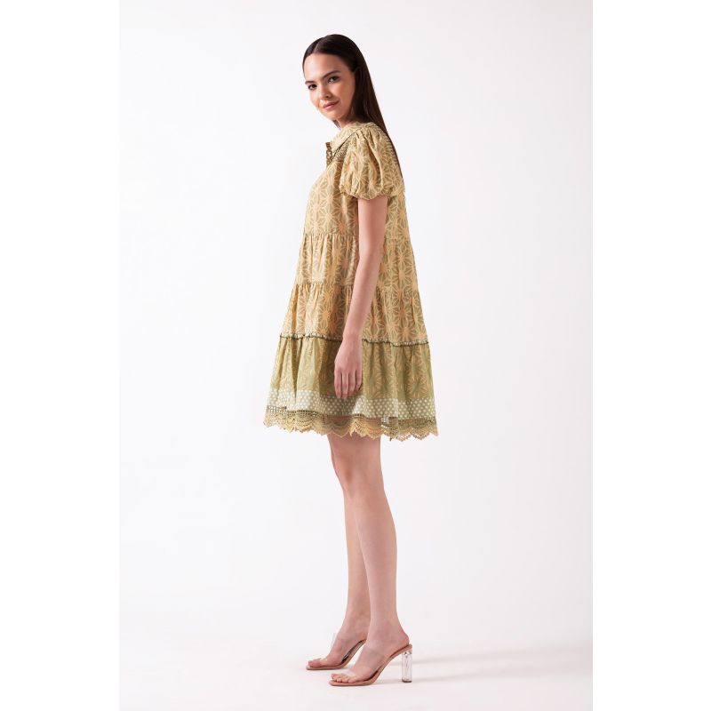 Zinnia - Beige Mini Shirt Dress With Puff Sleeve image