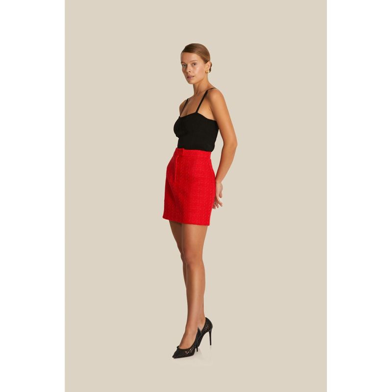 Zipper Detailed Mini Red Tweed Skirt | Rue Les Createurs | Wolf & Badger
