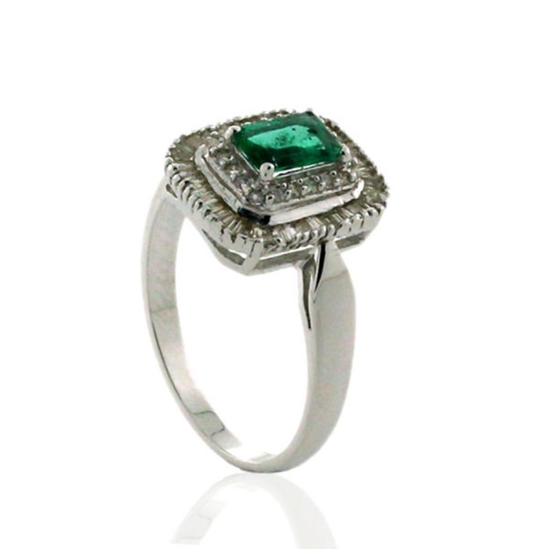 18K White Gold With Baguette Diamond & Natural Emerald Cocktail Ring image