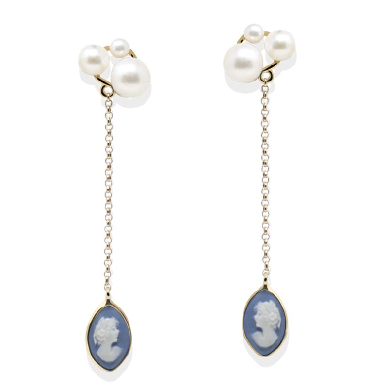 Lilith Gold-Plated Sky Blue Cameo And Pearl Drop Earrings image