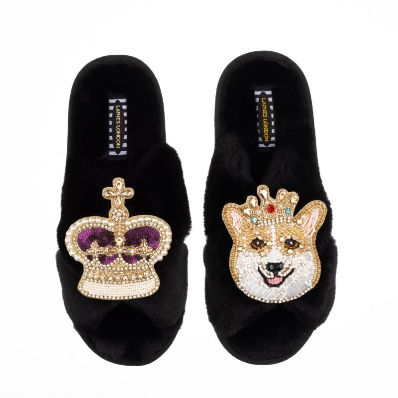 Classic Laines Slippers With Artisan Sandy the Corgi & Royal Crown Brooches - Black image