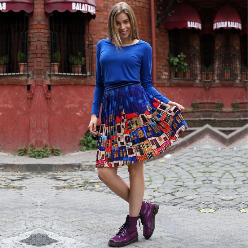 Multi-Color Pleated Midi Skirt With House Pattern image