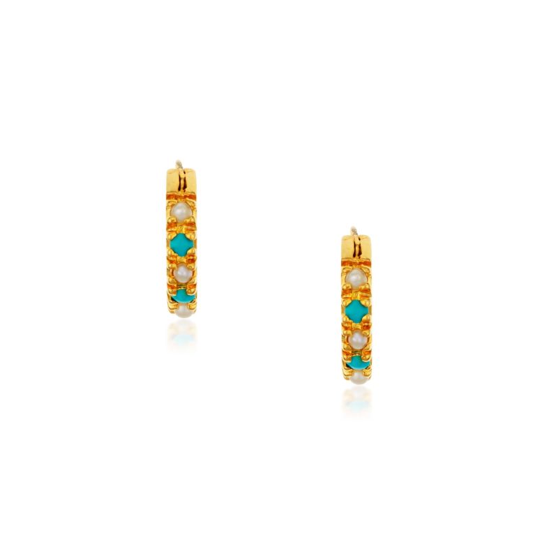 14k Gold Plated Hoops -Turquoise and Pearls image