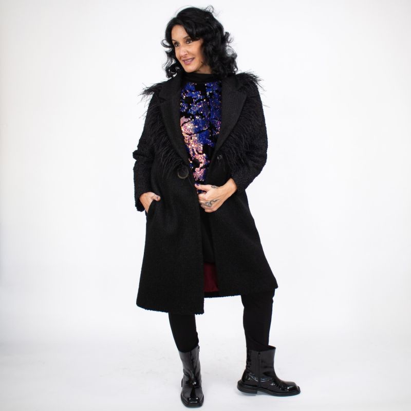 Black Felt Coat With Notched Lapel Collar With Faux Feathers image