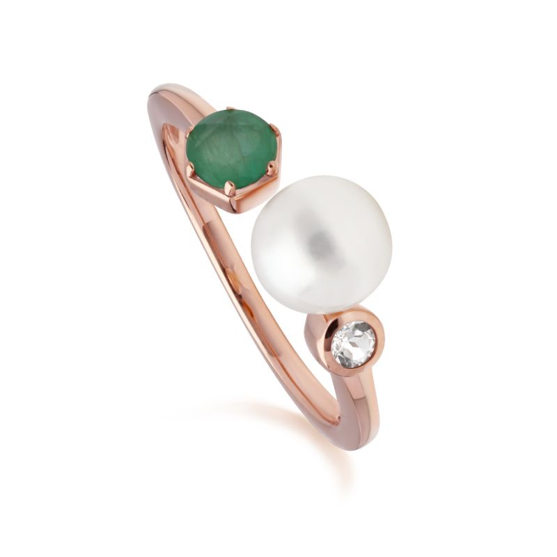 Pearl, Emerald & Topaz Open Ring In Rose Gold Plated Sterling Silver image